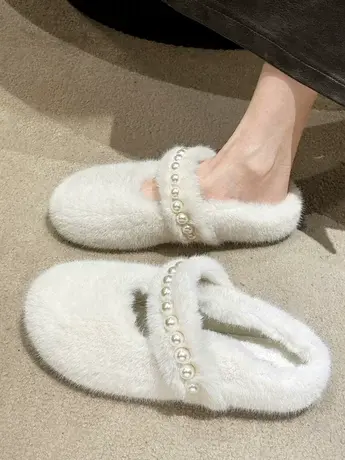 ins毛毛拖鞋女外穿夏季网红2023年秋冬可爱珍珠兔毛绒包头棉拖潮商品大图