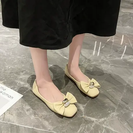 蝴蝶结单鞋女夏款平底2024新款软底孕妇鞋法式奶奶鞋配裙子豆豆鞋商品大图