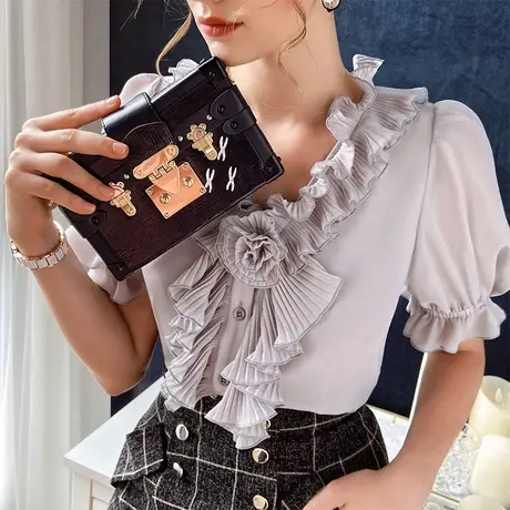 粉红大布娃娃雪纺衫女甜美2021新款荷叶边短袖洋气设计感衬衫女春图片