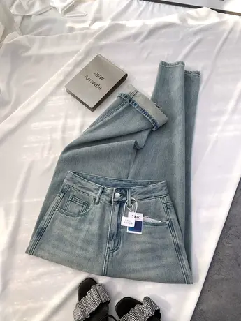 水洗磨白高品质牛仔阔腿裤女2023冬季新款显瘦百搭高腰宽松直筒裤商品大图