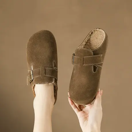 勃肯拖鞋女2024年冬季新款复古百搭一脚蹬时尚外穿绒里包头棉拖鞋图片
