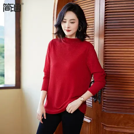 简涵大码2023秋冬红色半高领网料打底衫女宽松显瘦洋气内搭上衣商品大图