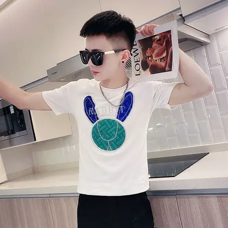 夏季男士烫钻字母个性休闲t恤上衣短袖修身半袖潮流紧身圆领体恤商品大图