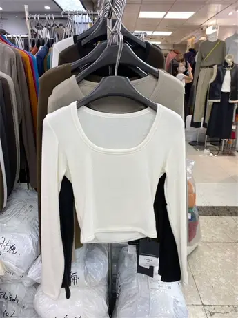 十三行2023秋冬简约气质低圆领套头纯棉T恤衫百搭长袖打底上衣女图片