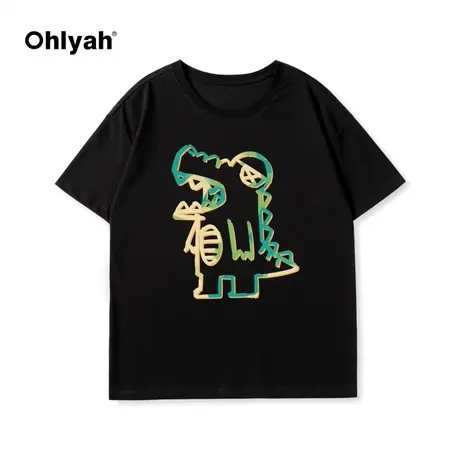 Ohlyah春夏新款手绘涂鸦卡通小恐龙印花纯棉短袖T恤男女无性别潮商品大图