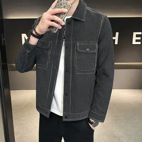 2023新款男士机车夹克外套男条纹休闲韩版潮流高级感痞帅男装上衣商品大图