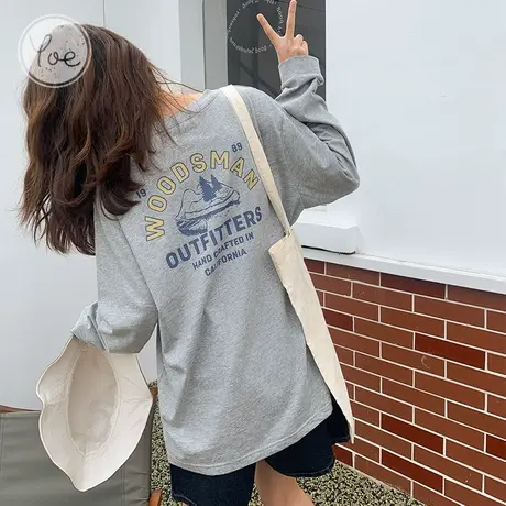yoe女t恤23春季新款后背图案长袖上衣别致ins爆款慵懒风显瘦别致图片