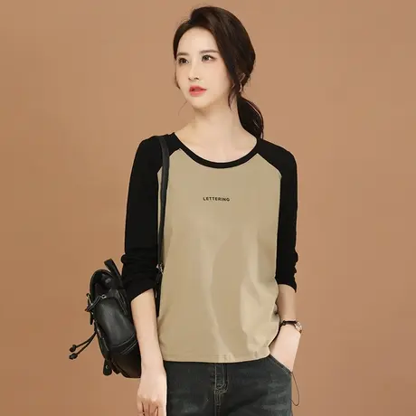 韩潮袭人圆领插肩撞色长袖T恤女2024春季新款百搭宽松休闲上衣图片