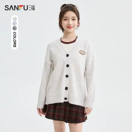 三福开衫2024春季小标装饰V领纯棉休闲宽松上衣女装480663商品大图