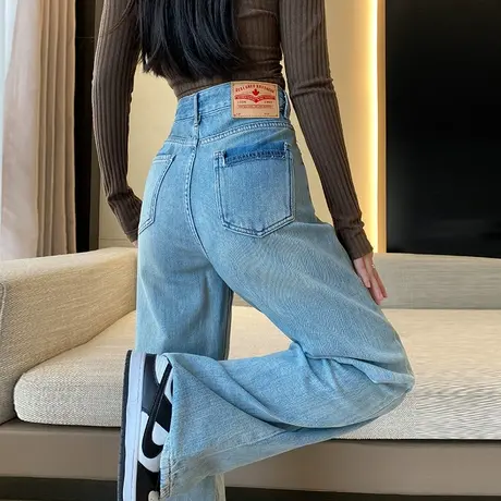 浅蓝色高腰牛仔裤女春秋新款垂感拖地宽松直筒小个子窄版阔腿裤潮商品大图