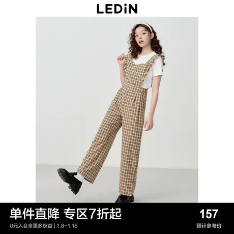 乐町甜美木耳边背带裤女春夏休闲裤女宽松设计感格纹裤商品大图