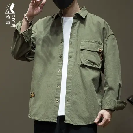 希越纯棉休闲衬衫男2024春秋款痞帅男士夹克衬衣宽松大码男生外套商品大图