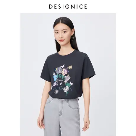 迪赛尼斯2023夏季新款圆领印花刺绣宽松通勤短袖t恤女商品大图