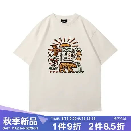 美式休闲露营风圆领短袖t恤男涂鸦风景纹样复古宽松纯棉运动打底商品大图