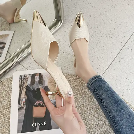 半拖鞋女款细跟高跟鞋2024新款春夏季尖头法式包头拖气质外穿凉拖商品大图