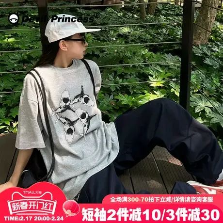 oversize街头风无性别穿搭灰色短袖t恤女小众超火设计感正肩上衣商品大图