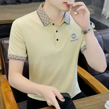 翻领短袖t恤男2023新款夏季纯棉透气修身青年潮流半袖体恤打底衫商品大图