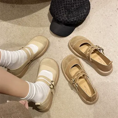 法式玛丽珍鞋女2024春夏季新款一字带浅口单鞋复古百搭粗跟小皮鞋商品大图