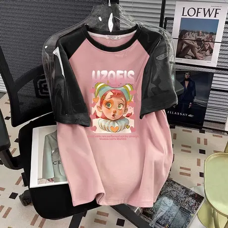 日系甜酷插肩袖上衣2024新款大码纯棉T恤女ins潮小众闺蜜装短袖夏商品大图