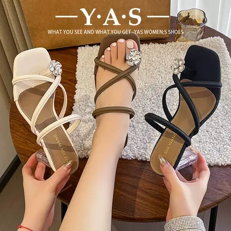 拖鞋女外穿2024夏季新款网红时尚女款粗跟平底凉拖一字带夹趾凉鞋商品大图