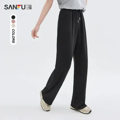 三福休闲裤2024夏季肌理感抽绳松紧腰阔腿裤长裤女装483844图片