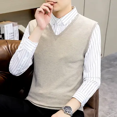 假两件竖条纹衬衫领针织衫男士高端拼接内搭打底衫春秋季有领毛衣商品大图