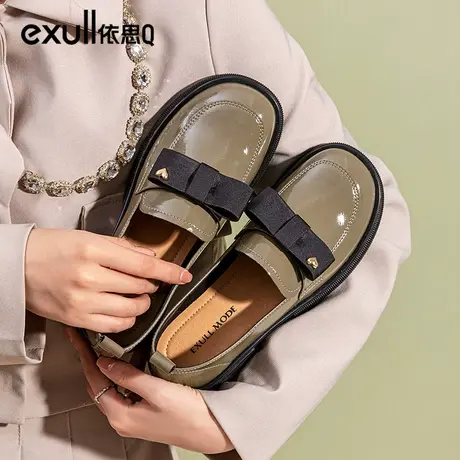 依思q小皮鞋女2024春秋新款粗跟漆皮单鞋蝴蝶结小个子法式乐福鞋商品大图