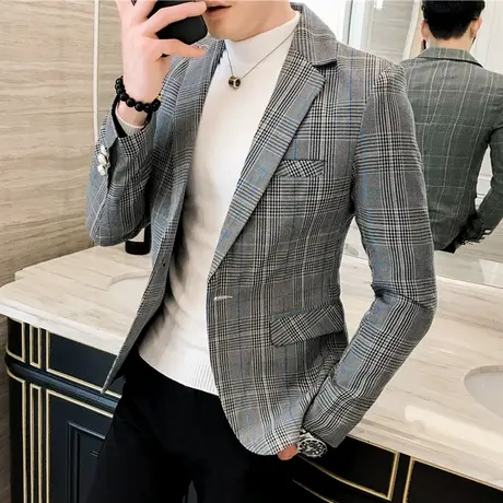 英伦雅痞休闲西装外套男士韩版百搭格子西服秋季帅气潮流单西上衣商品大图