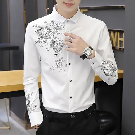 秋季长袖衬衫男士韩版潮流帅气白衬衣修身上衣服休闲百搭秋装寸衫商品大图