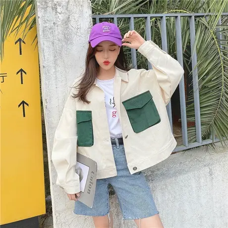2021春秋新款港味复古口袋撞色牛仔短款外套女宽松百搭夹克上衣潮商品大图