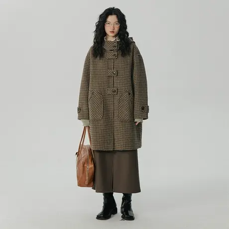 omont蛋挞家 格子羊毛双面呢大衣女冬季2023新款宽松连帽毛呢外套商品大图