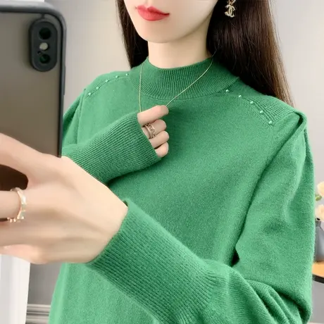 半高领毛衣女套头2023秋冬新款宽松外穿上衣内搭打底衫钉珠针织衫商品大图