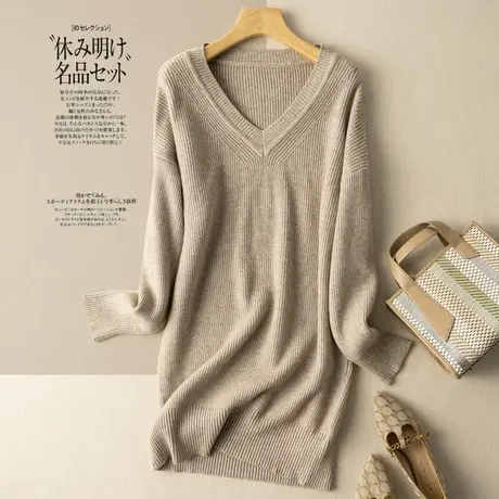 中长款套头针织衫女文艺复古纯色宽松显瘦毛衣裙春秋外套2022新款图片