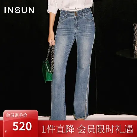 [丹宁艺术]恩裳COVER2023秋新款中高腰喇叭裤洗水磨白修身牛仔裤图片