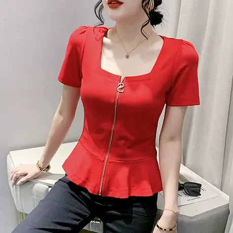 拉链开衫T恤女短袖2023夏装新款性感露锁骨方领上衣气质修身小衫商品大图