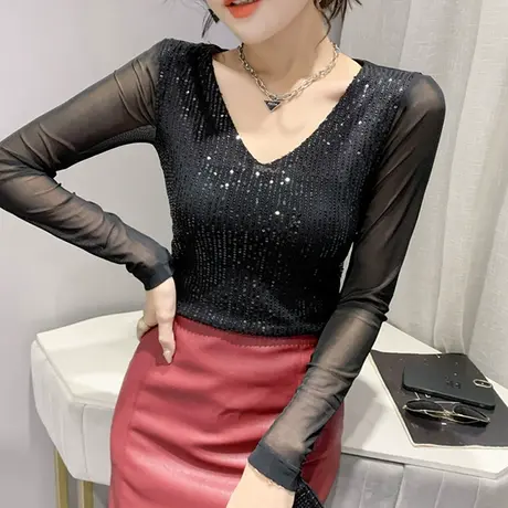 性感V领打底衫女春秋内搭长袖时尚洋气亮片上衣设计感修身网纱T恤商品大图