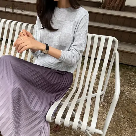 百洛安方格套头针织衫女百搭打底衫秋装新款宽松圆领长袖毛衣上衣图片