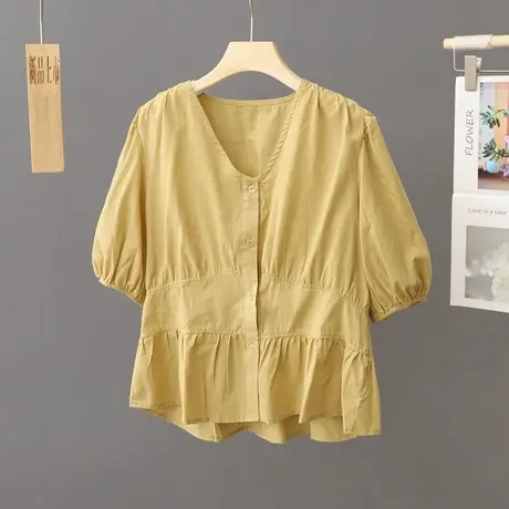 夏季新款纯色衬衫女短袖宽松韩版2023年v领百搭上衣透气衬衣小衫商品大图