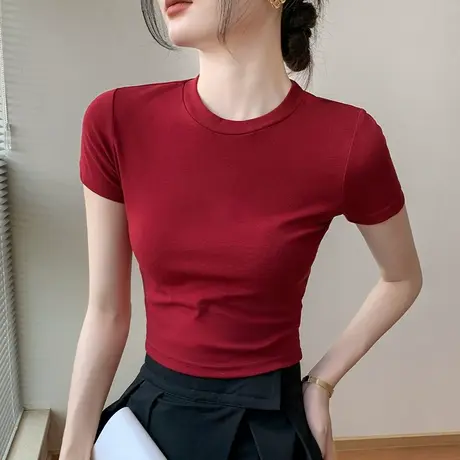 圆领纯色短款T恤女2023新款夏季百搭短袖美式修身打底衫显瘦上衣商品大图