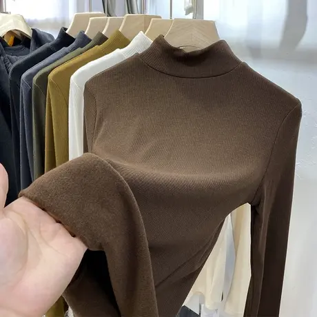 加薄绒半高领打底衫女2022年秋冬螺纹棉修身弹力显瘦柔软长袖t恤图片