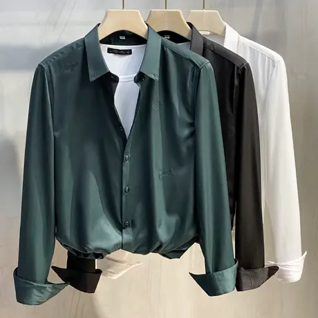 男装2023春秋热卖韩版字母刺绣商务休闲纯色长袖男士衬衫衬衣潮商品大图