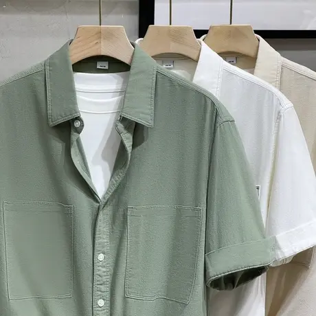美式重磅衬衫男短袖夏季新款日系纯棉纯色五分中袖翻领休闲衬衣男商品大图