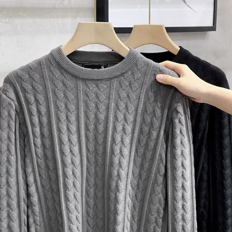 美式休闲提花毛衣秋冬季厚款新款保暖圆领男士针织衫日系宽松毛衫商品大图