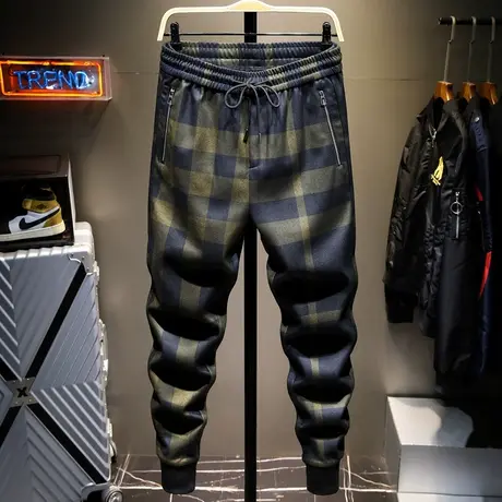 2021夏季运动休闲长裤子男百搭新款束脚男士韩版潮流格子呢图片