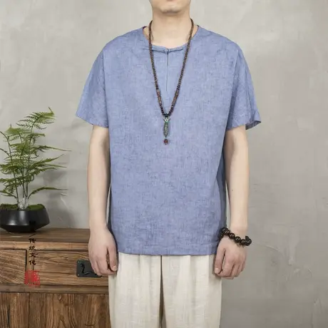新中式夏季宽松亚麻盘扣t恤男改良唐装中国古风棉麻唐装半袖茶服图片