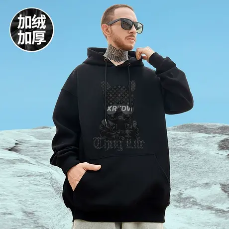 加肥加大码男装美式复古潮牌印花套头加绒加厚秋冬季黑色卫衣连帽商品大图