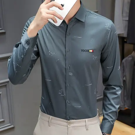 秋季衬衫男士商务休闲青年新款修身高端印花长袖寸衫潮流上衣服男商品大图