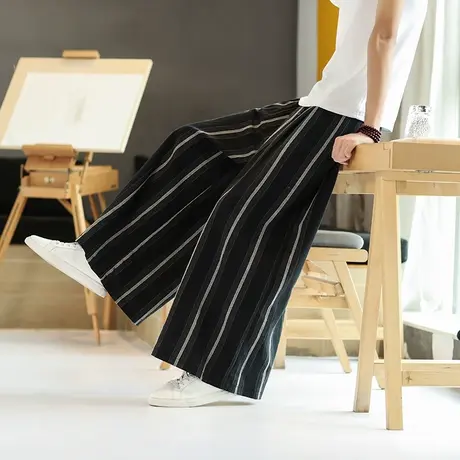 秋季宽松棉麻阔腿裤男士条纹垂感直筒长裤亚麻青年拖地裤打坐禅裤图片