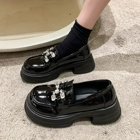 厚底乐福鞋女2023夏季新款百搭法式复古水钻黑色英伦风粗跟小皮鞋图片