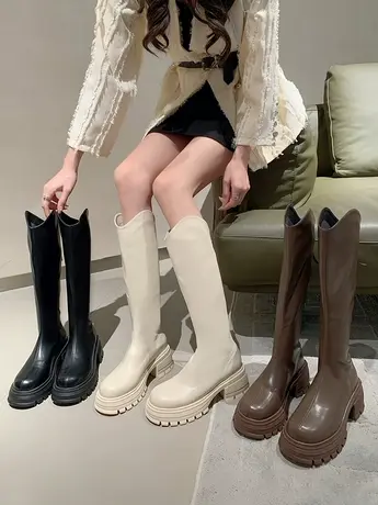 瘦瘦靴2023秋冬新款大筒围长靴女粗腿小个子厚底V口不过膝骑士靴图片